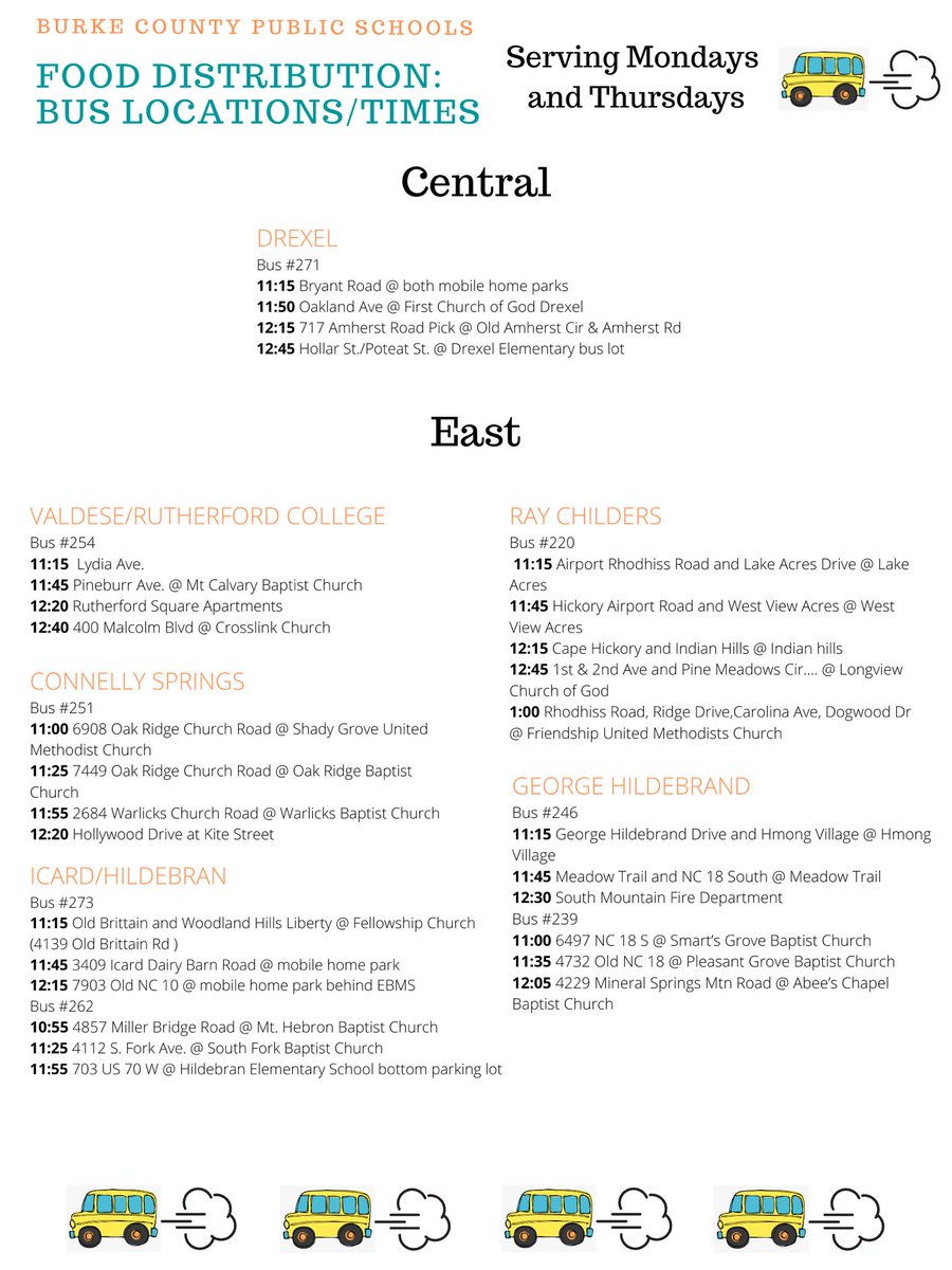 Here are our bus stop locations and times for food distribution! Help us to make sure our families know about this opportunity to get healthy meals to students! Spread the word! 🚌 🚌#ignitelearningbcps