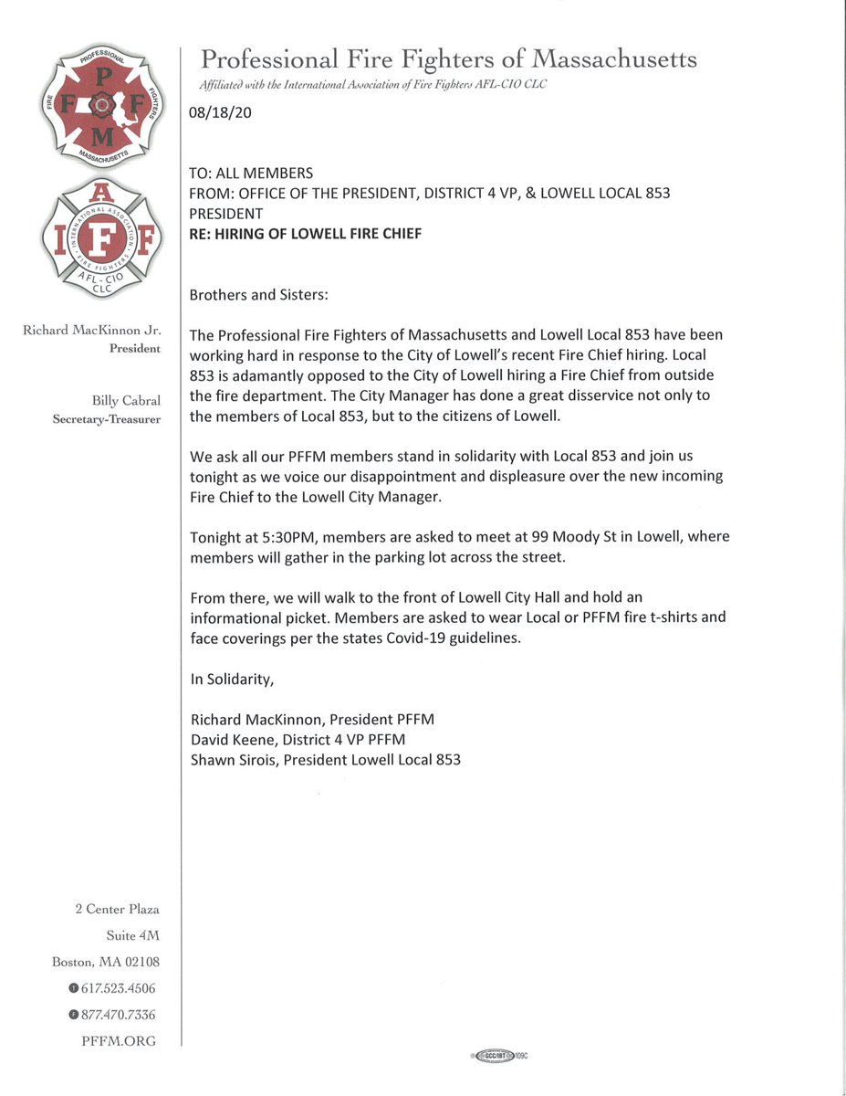 Attn Members: Call to Action - Join us tonight in Lowell for an Informational Picket regarding the hiring of the new Fire Chief