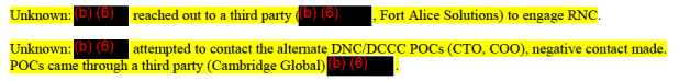 First, an incident report log from July/August 2016 contains numerous entries showing DHS's struggle to make connections with the Trump campaign/RNC/NRSC/NRCC.  https://epic.org/foia/dhs/cybersecurity/russian-interference/EPIC-17-03-31-DHS-FOIA-20200818-Supplemental-Production-Incident-Reports.pdfSome issues reaching DNC/DCCC contacts too.Poor coordination can delay speedy assistance.