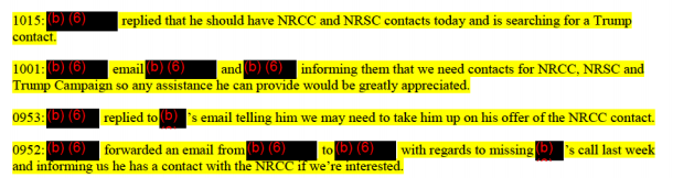 First, an incident report log from July/August 2016 contains numerous entries showing DHS's struggle to make connections with the Trump campaign/RNC/NRSC/NRCC.  https://epic.org/foia/dhs/cybersecurity/russian-interference/EPIC-17-03-31-DHS-FOIA-20200818-Supplemental-Production-Incident-Reports.pdfSome issues reaching DNC/DCCC contacts too.Poor coordination can delay speedy assistance.