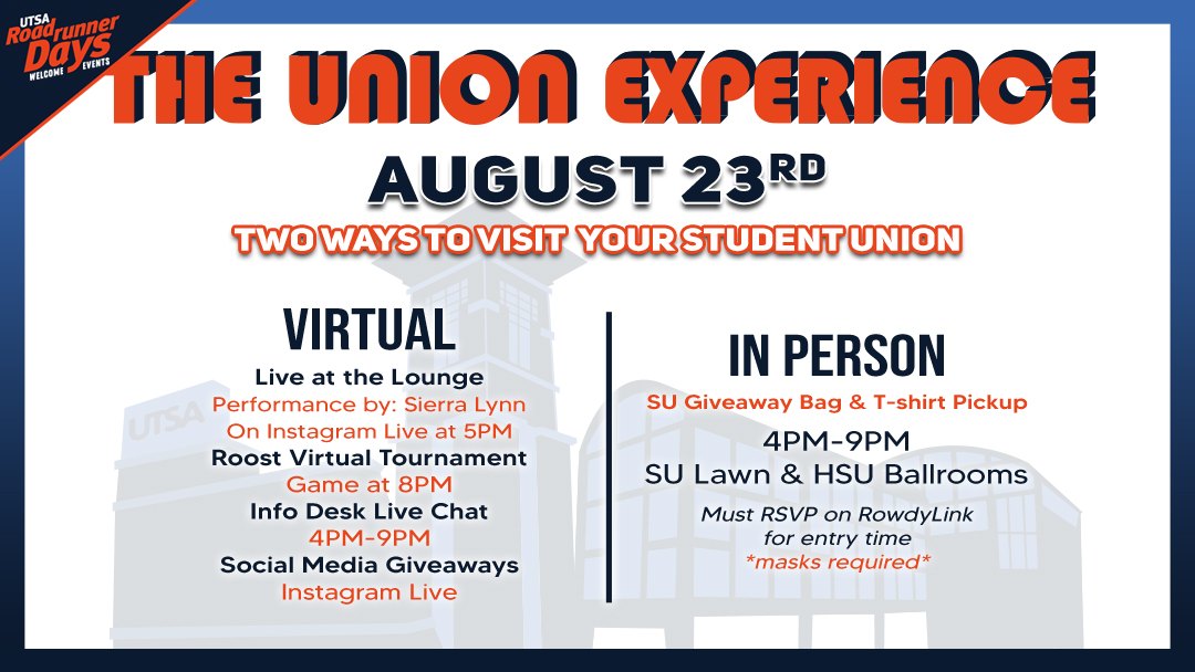 UTSA_StudentU's tweet photo. Roadrunner Days are here! ๐๐งก The Union Experience will be this Sunday, Aug 23rd! We'll have many virtual events for those at home ๐ก and a safe in-person event at the Student Union ๐คฉ Stay tuned for more! #UTSASU #RRDays #UTSA https://t.co/17fW9iMi3w