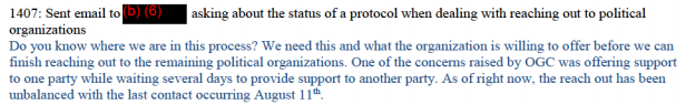 One of the most interesting (if unsurprising) log items: DHS's general counsel worried about "unbalanced" outreach to the two major political parties.Given exigencies of DNC hack, it sounds like DHS formed a robust relationship with Democrats more quickly than with Republicans.