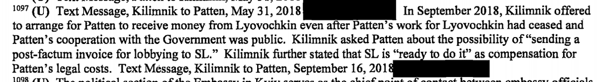 Kilimnik offered to get Patten's legal fees paid for.Which reminds me -- we don't know who paid for Manafort's legal fees.