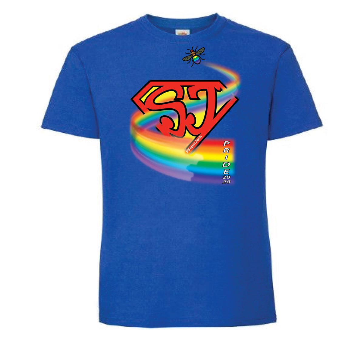 SuperJCharity's tweet photo. Limited edition- SuperJosh Pride T-shirt 2020 

Blue or Black - £20 donation

Available to buy online from tomorrow- or reserve now in comments - add your size. 

S, M, L, XL 

❤️💛💙 #SuperJosh https://t.co/qmf7w39c4X