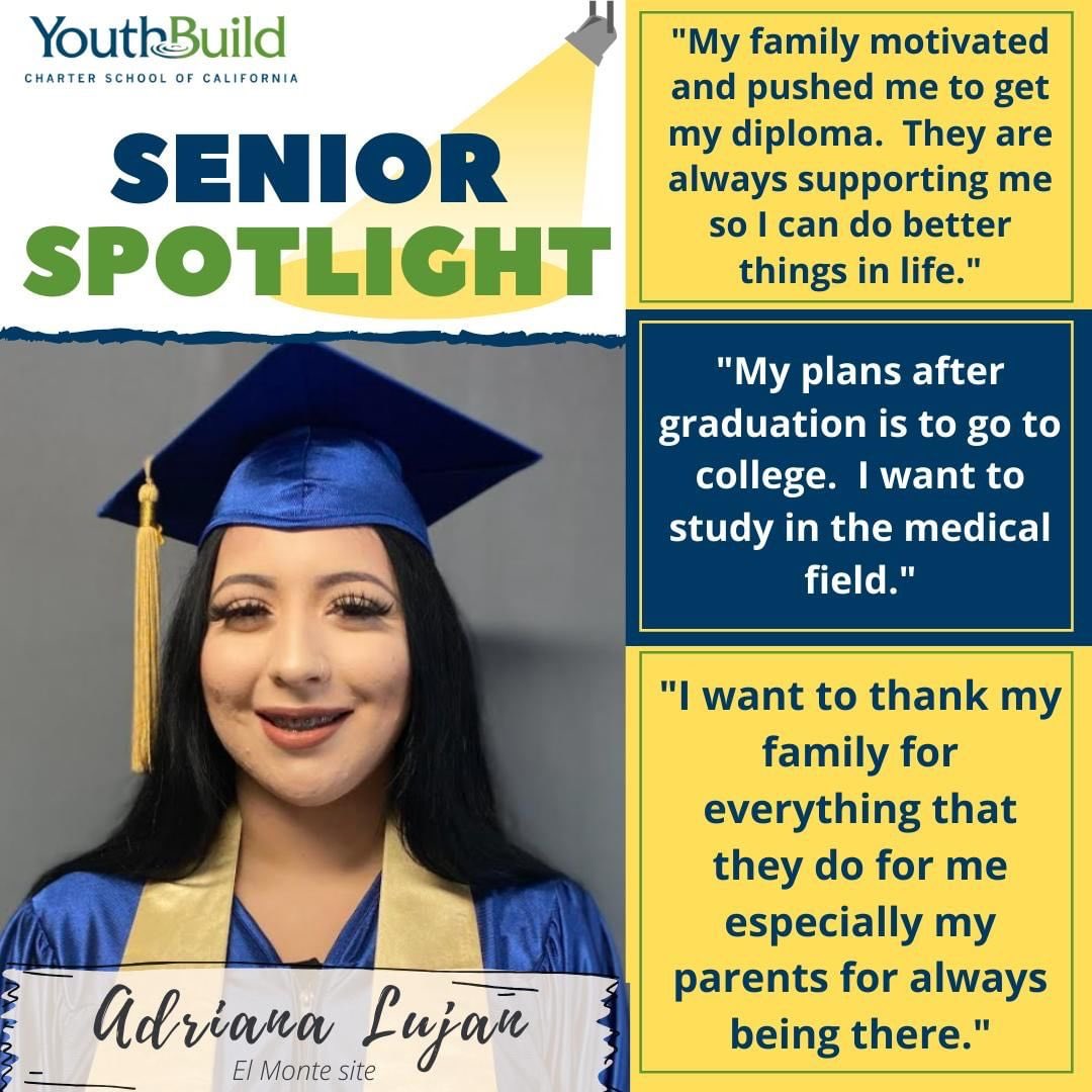 SGV_CORPS's tweet photo. #SeniorSpotlight 🌟 Adriana Lujan plans to further her education and study in the medical field. During her time at YB Charter, she earned all A's. She credits her family for motivating her to finish her credits and earn her diploma. Good luck, we wish you all the best! ✨#sgvcc https://t.co/eD44rCJ3bT