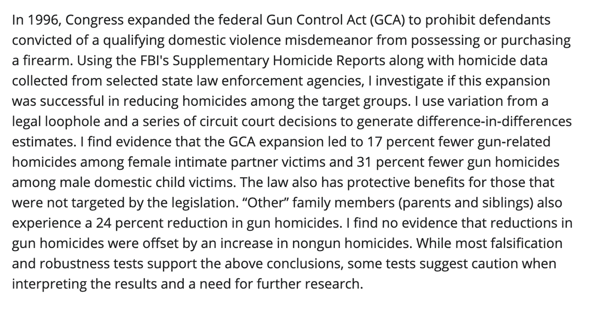 Reducing access to guns by those convicted of domestic violence misdemeanors reduces intra-family gun homicides  @kerri_raissian: https://onlinelibrary.wiley.com/doi/full/10.1002/pam.21857