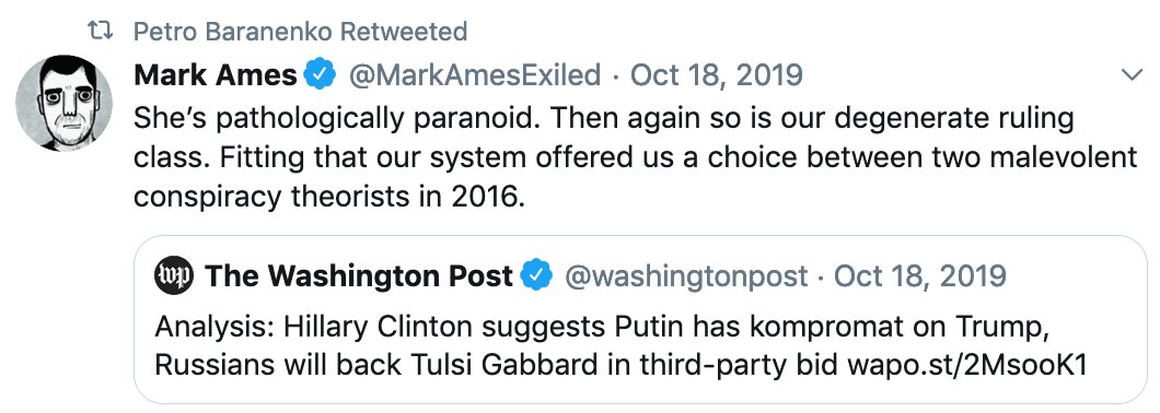 So Manafort's buddy, "Russian intelligence officer" Konstantin Kilimnik, tweets under the pseudonym @/PBaranenko ... interesting, interesting, let's see who/what he's tweeting... ah, hmm, surprising. https://www.usatoday.com/story/news/politics/2020/08/18/senate-details-paul-manafort-ties-russian-intel-officer-kilimnik/3390437001/