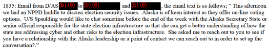 Last thing from the incident log, which IMO is the most interesting of the newly released docs:  @SpauldingSez requested a conversation w/ Alaska election officials in part because of the state's internet voting system. She wanted "a better understanding" of AK's risk mitigations.