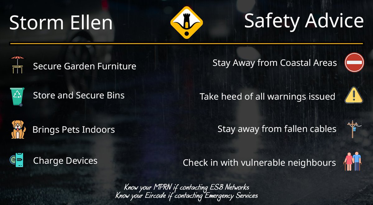 CorkSafetyAlert's tweet photo. Some safety advice as #StormEllen Approaches: 

• Secure garden furniture
• Secure bins
• Bring pets inside
• Charge your devices
• Stay away from coasts/rivers
• Take heed of all warnings issued
• Stay away from downed trees/cables
• Check in on the elderly. https://t.co/470Bj9oQn9