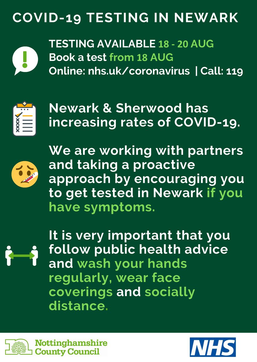 NSDCouncil's tweet photo. Book your COVID-19 test in Newark 👇

If you have coronavirus symptoms, you can book to have a test at the Mobile Test Unit based at the lorry park behind Castle House in Newark (NG24 1BY).

💻Online 👉https://t.co/CCI3FgZEHe
☎️By phoning 119 https://t.co/rMEGVRhaed