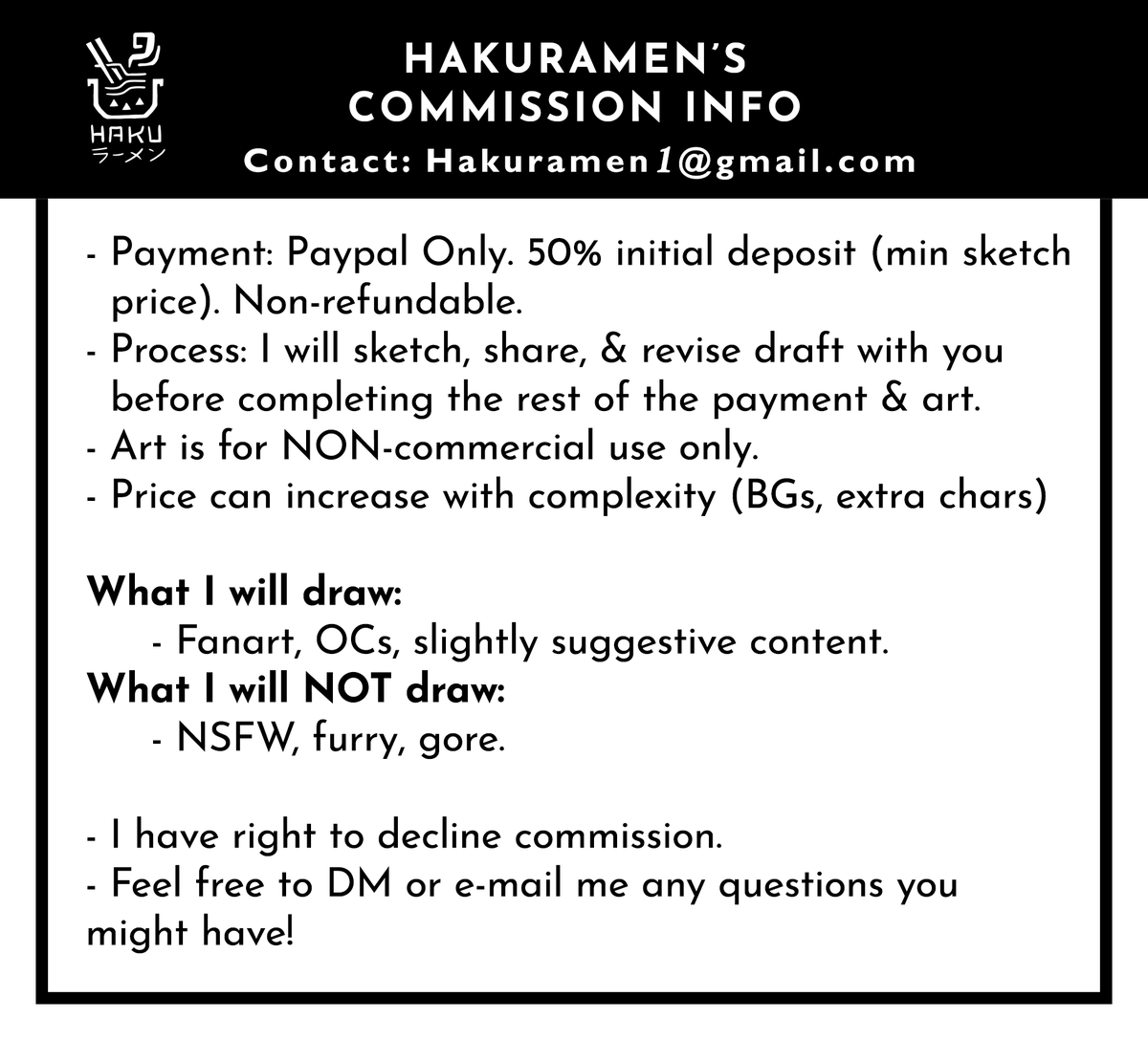 Hakuramen's tweet photo. ✨Art Commissions are now open!✨
DM or e-mail if you're interested.

As always, RTs/shares are very much appreciated! https://t.co/6dAocK90FL