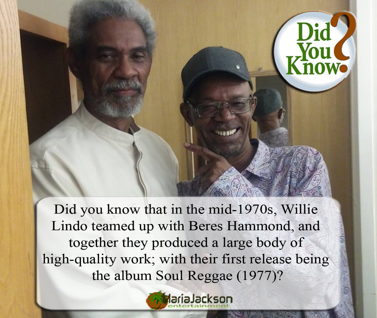 #DidYouKnow

Did you know that in the mid-1970s, Willie Lindo teamed up with Beres Hammond, and together they produced a large body of high-quality work; with their first release being the album Soul Reggae (1977)? <a href="/BeresHammondOJ/">Beres Hammond</a> @KashiefLindo