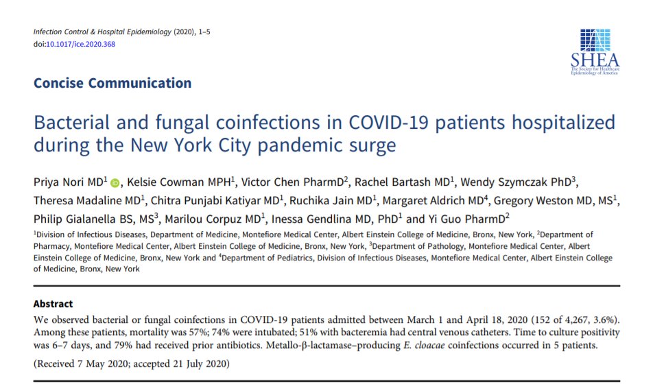 1/6 At yesterday's Emory IM COVID  #JournalClub, I presented a great article ( @SHEA_Epi) on bacterial/fungal co-infection among COVID patients - from the Bronx at the height of the pandemic! Here are some  highlights  from the study by Nori et al.  #MedTwitter  #tweetorial