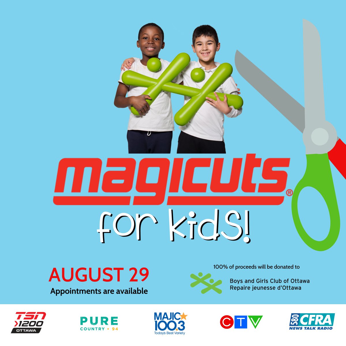 Move100Ottawa's tweet photo. On August 29th, 100% of all haircuts at @Magicuts
 will be donated to the @BGCOttawa
 in support of their after school program!👏 💇🏼‍♀️💇🏼‍♂️ 

Visit one of their 14 locations in Ottawa, or donate by texting ‘DONATE’ to 613-519-1366!🤗
#Ottawa https://t.co/XHju3k5W9j