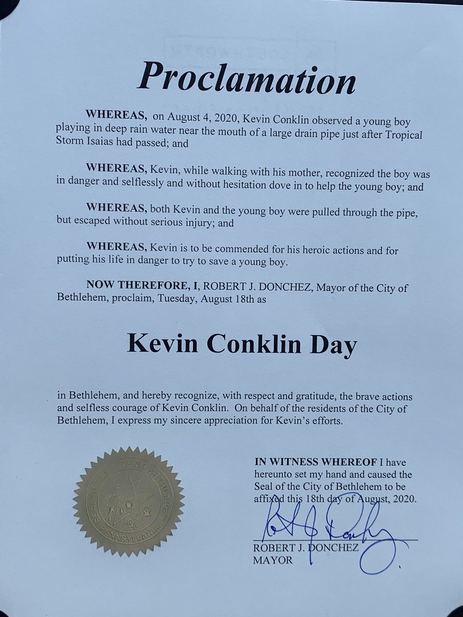 Proud to honor the heroic actions of a  <a href="/LibertyHigh/">Liberty High School</a> student &amp; proclaiming August 18th, 2020, “Kevin Conklin Day” in the City of Bethlehem. Kevin assisted a young boy who had fallen into a drain pipe after Tropical Storm Isaias. Joining me is <a href="/BASDSUPT/">Joseph Roy (Parody)</a> Dr. Roy. <a href="/BethlehemAreaSD/">BASD</a>