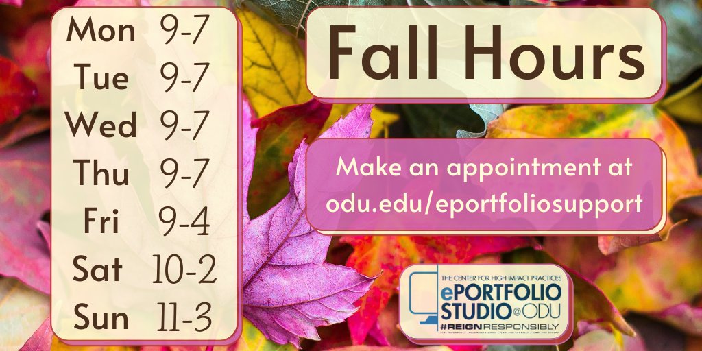 Online tutoring starts August 31st! We will still be offering online Zoom appointments, video feedback, workshops and Open Studio Hours via Zoom. Schedule an appointment or video feedback at odu.edu/eportfoliosupp….