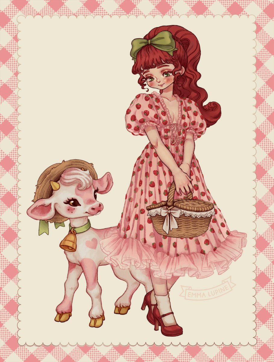 my strawberry girl chara (from 2017) with @BrightBatDesign's cow and the  dress!!  #illust #cottagecore #strawberrydress #strawberrycow