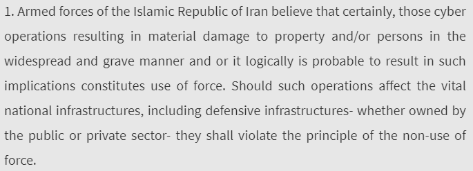  Cyber ops which result in grave & widespread material damage or loss of life or affecting "vital national infrastructures" (both public & private) constitute use of force.
