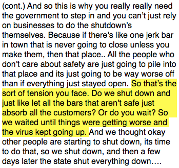 At the beginning of the pandemic, Ozimek theorized that his business was serving public health interests by continuing to stay open, and therefore reducing crowding across all local restaurants. This was probably false, and just ended up putting his own employees at risk.