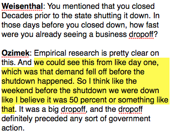 At the beginning of the pandemic, Ozimek theorized that his business was serving public health interests by continuing to stay open, and therefore reducing crowding across all local restaurants. This was probably false, and just ended up putting his own employees at risk.