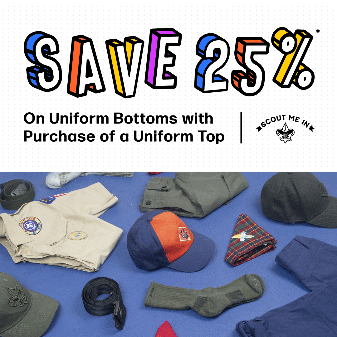 neicbsa's tweet image. Now that we're #backtoscouting, it's time to get those uniforms on! Visit our Scout Shop for 25% off uniform bottoms when you buy a uniform top.