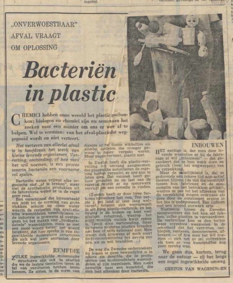 Zwerfinator (@zwerfinator) on Twitter photo De geschiedenisles van vandaag brengt ons 55 jaar terug. In april 1965 schrijft het <a href="/parool/">Het Parool</a> dat chemici in Zweden zoeken naar een manier om plastic af te laten breken. Nog steeds niet gelukt. We zijn als alchemisten die lood in goud proberen te veranderen. De geschiedenisles van vandaag brengt ons 55 jaar terug. In april 1965 schrijft het <a href="/parool/">Het Parool</a> dat chemici in Zweden zoeken naar een manier om plastic af te laten breken. Nog steeds niet gelukt. We zijn als alchemisten die lood in goud proberen te veranderen.