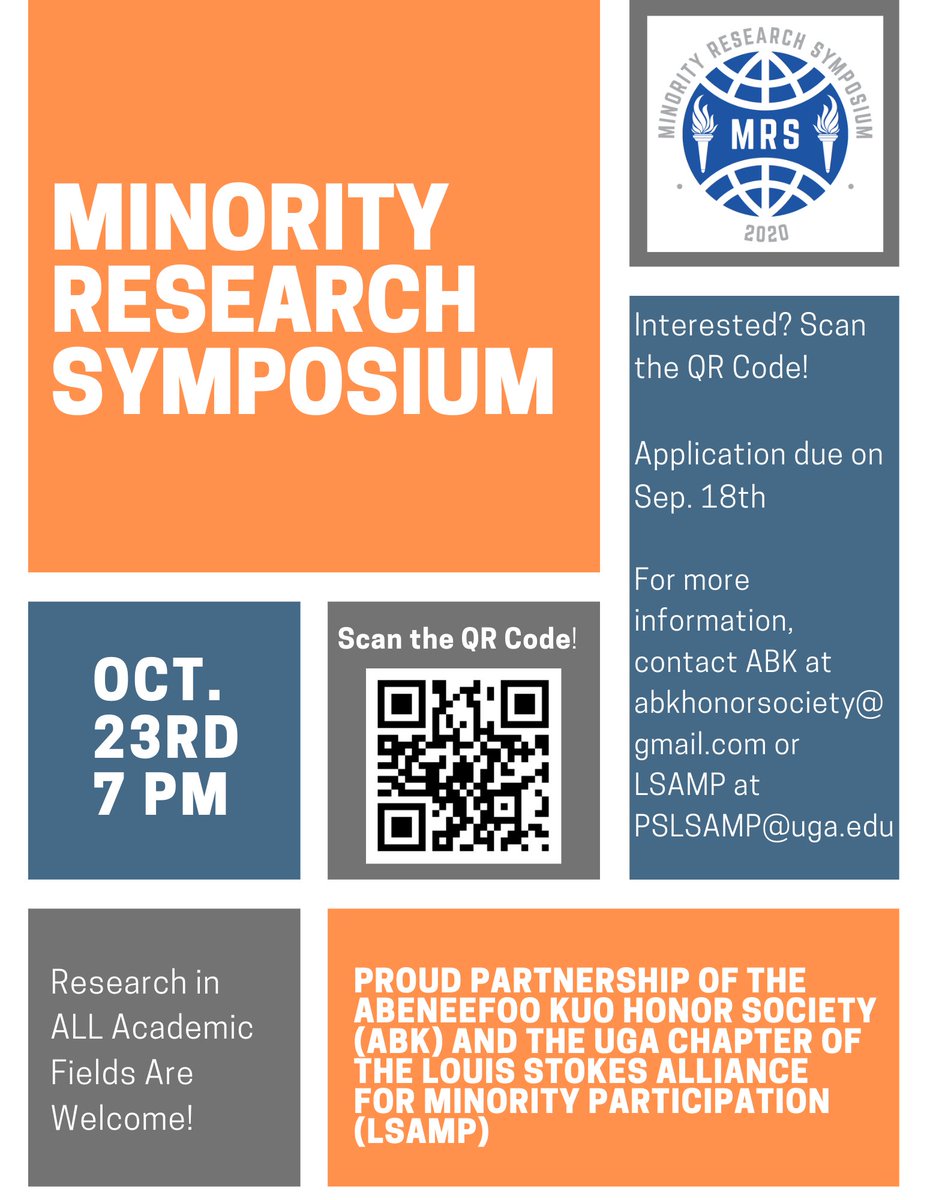 ABKHonorSociety's tweet photo. Looking to showcase your work in research? The Minority Research Symposium, a proud collaboration between the ABK and @UGA_LSAMP , is dedicated to highlighting minority students exhibiting excellence in research. Research in all academic fields are welcomed! https://t.co/iKg3An4OiU