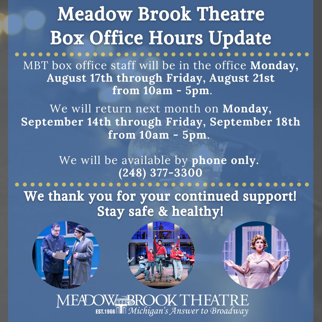 MBTheatre's tweet photo. MBT box office staff will be in the office THIS WEEK to take your phone calls! To keep everyone safe, we will be here one week per month to answer your questions and concerns. Keep an eye out for updates! https://t.co/ADKIoVfMOg
