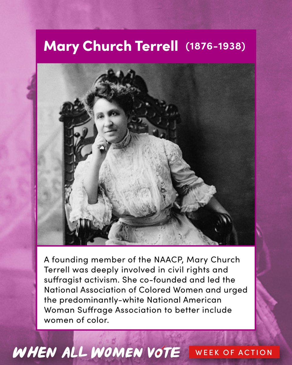 . @NAACP founding member Mary Church Terrell was deeply involved in the Civil Rights and suffrage movements. She co-founded and led the National Association of Colored Women and urged the predominantly-white National American Woman Suffrage Association to better include W.O.C.