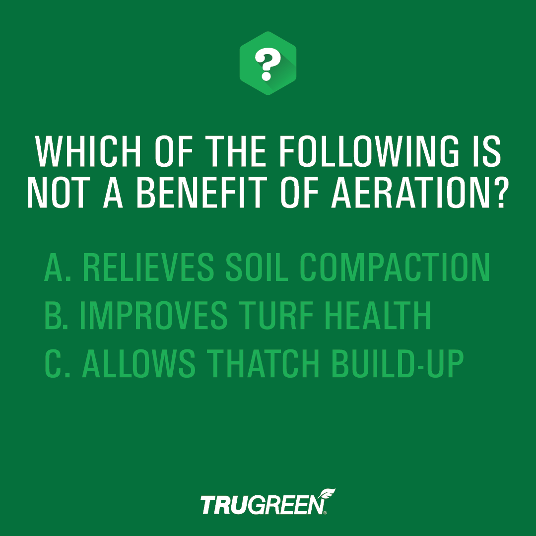 TruGreen's tweet photo. Core aeration is the process of removing a small plug of soil from the turf, allowing better airflow around the roots of the plants. While there are many benefits from aeration, which of the following does it not contribute to? https://t.co/yujV05NDR5