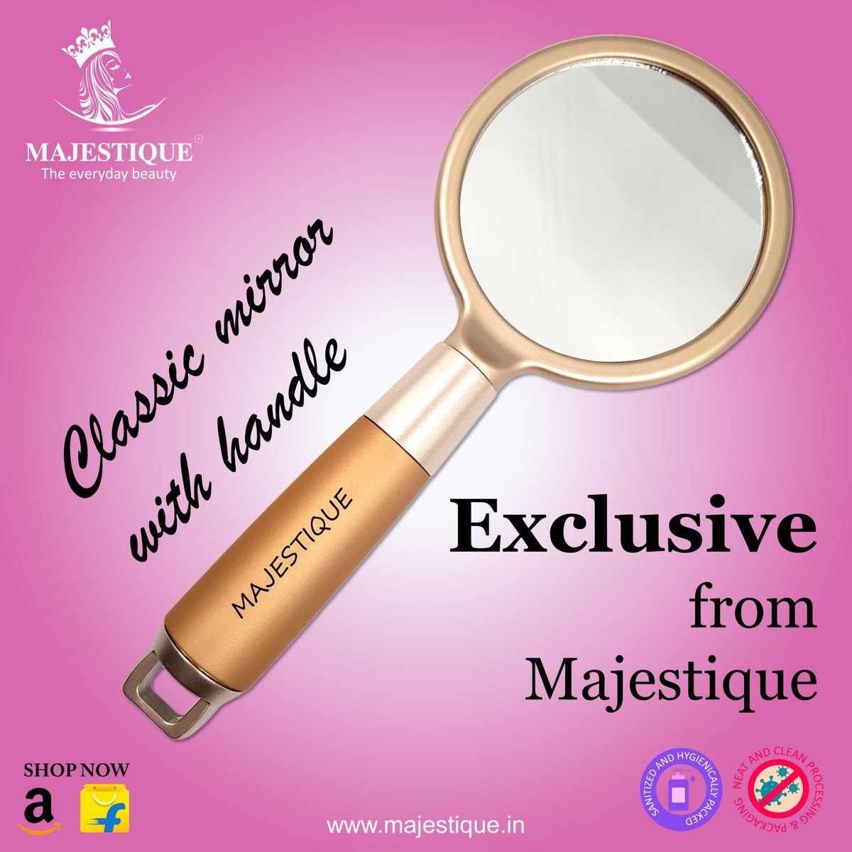 Majestique Golden single-sided glass mirror with a handle. No magnification, no distortion, high-definition float process mirror for a crystal clear image. Ideal for cosmetic use, dental care, etc.

#makeupmirror #makeupmirrors #cosmeticmirror #smallmirror #handlemirror