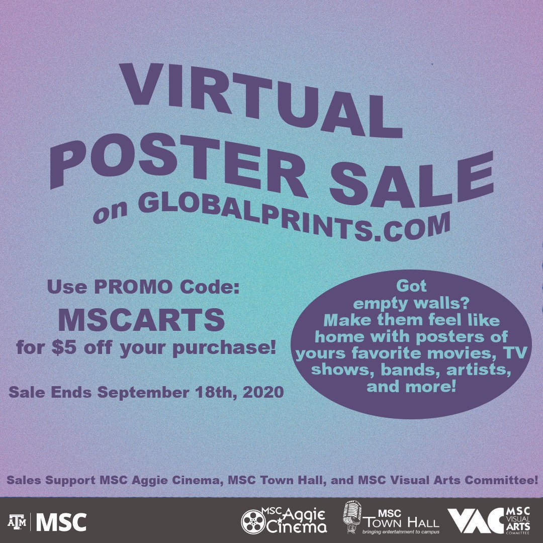 MSC_AggieCinema's tweet photo. Apartment or dorm room feels empty? Fill it up with posters of your favorite movies, shows, art, and music! Use our Promo Code MSCARTS and save $5 at https://t.co/OvjohusLUo https://t.co/7xilJU0AEy