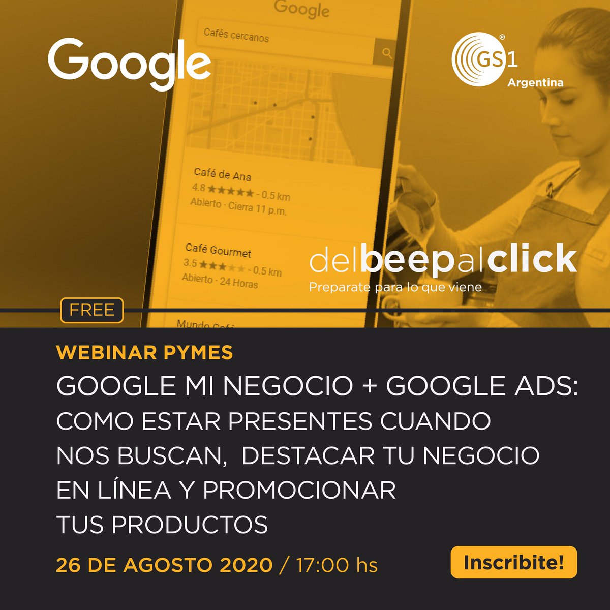 GS1argentina's tweet photo. #DelBeepAlClick 💻 ¡Junto a @googleargentina te invitamos al próximo #WebinarPyMEs! 🔓 Desbloqueá un nuevo nivel de digitalización en tu negocio, para posicionarte en los motores de búsqueda y aumentar tus ventas online 📊 Inscribite GRATIS en 🔗https://t.co/CLWRZr7KNT https://t.co/JES43ncxwf