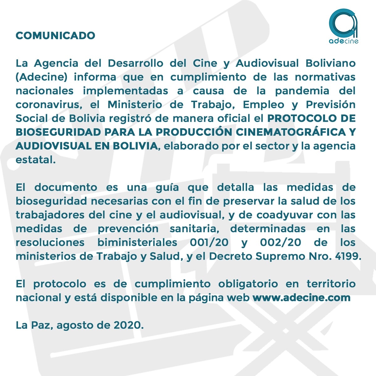 adecinebolivia's tweet photo. #Adecine informa sobre el protocolo de bioseguridad para la producción audiovisual y cinematográfica, en territorio nacional. Descárgalo en https://t.co/qecC0DGvvT https://t.co/0nSvZU47UY