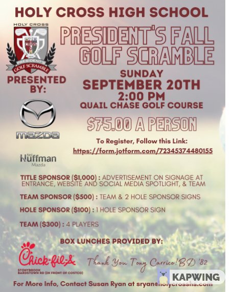 HCHSCougars's tweet photo. Attention golfers! Don't forget to register for the Holy Cross President's Fall Golf Scramble, Sunday, September 20, 2:00 p.m. at Quail Chase Golf Course! We still have team spots available! Register today at https://t.co/1YtzHmyczz #HCHS #CougPride https://t.co/hmUgUSrjwP