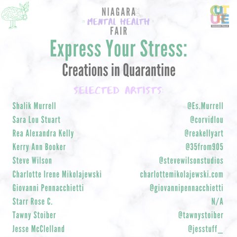 NiagaraMHF's tweet photo. We are excited to announce our selected artists for the “Express Your Stress: Creations In Quarantine” art show! We can’t wait to see your original creations come to life this year! Full art show launch coming September 2020. 💜 https://t.co/WIlEhvH3ot