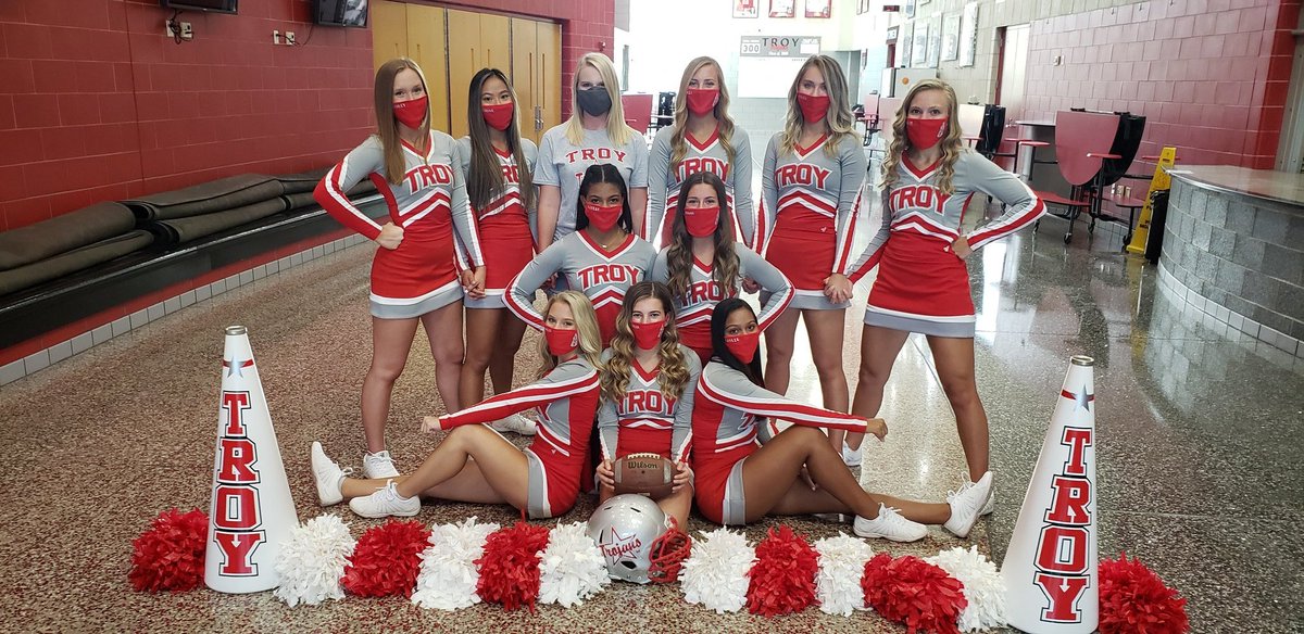troyhstrojans's tweet photo. The varsity football &amp; soccer chearleaders are all masked up and ready for their seasons to begin. 1st soccer game is on 8/25 home v. Greenville. 1st football game is at Piqua on 8/28. #WeWantASeason https://t.co/EJXNRN9BMV
