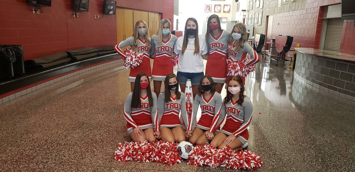 The varsity football &amp; soccer chearleaders are all masked up and ready for their seasons to begin. 1st soccer game is on 8/25 home v. Greenville. 1st football game is at Piqua on 8/28. #WeWantASeason