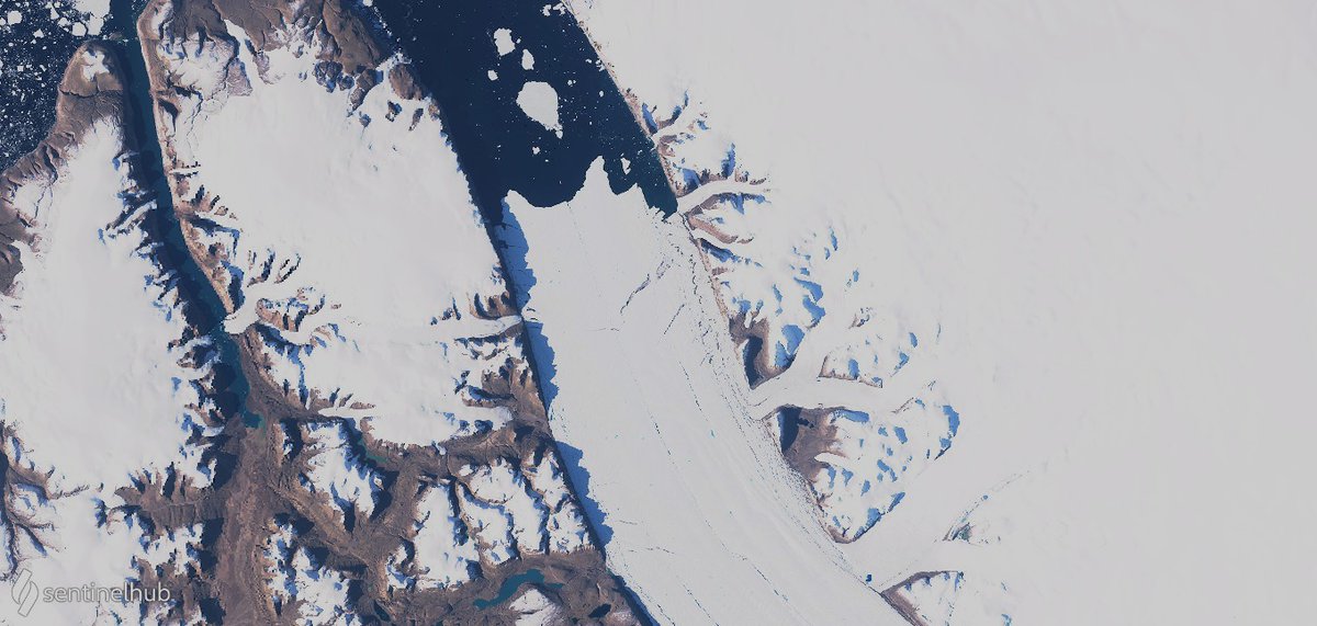 - Nioghalvfjerdsfjorden (79N) glacier:southern flank of the ice shelf- Zachariae Isstrom glacier:northern flank of its calving front- Petermann glacier:calving-cascade 2019-2020- Humboldt glacier:northern flank & center of the calving frontsea-ice shields are gone