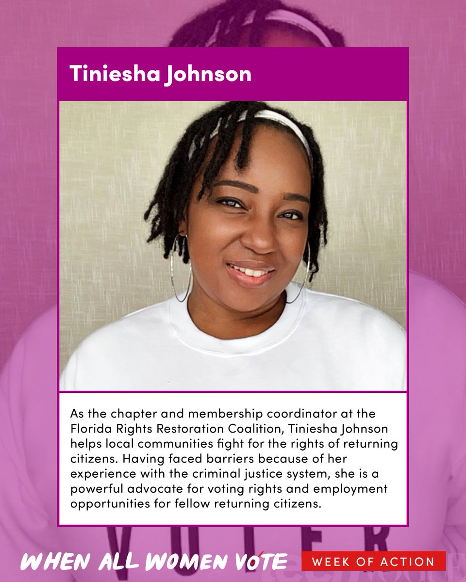 . @FLRightsRestore's  @Tiniesha_J helps communities fight for the rights of returning citizens. Having faced barriers because of her experience with the criminal justice system, she is a powerful advocate for voting rights and employment opportunities for fellow returning citizens.