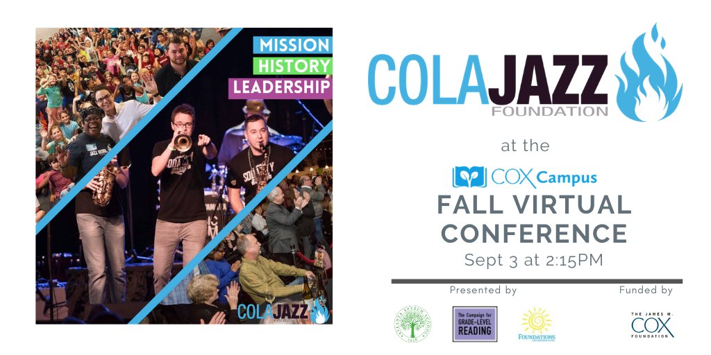 foundations_inc's tweet photo. Relax and unwind with a free @colajazzscene concert on Sept 3 at our Free @CoxCampus Fall Virtual Conference! Hear the remarkable sounds of South Carolina’s finest jazz musicians. https://t.co/wtcmfkmJ0p #GetYourSwaggerBack #jazz #ECTeachers #momlife #stayathome #earlychildhood https://t.co/WM8DilwGy6