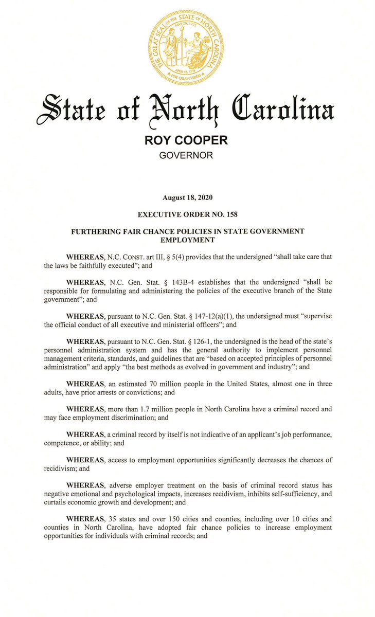 NC_Governor's tweet photo. People who have made mistakes deserve a second chance and fair opportunities to reenter the workforce. This executive order will reduce recidivism in North Carolina and get rid of employment barriers in state government for people with criminal records.
https://t.co/LcjayLKSLM https://t.co/Dbwq61dzue