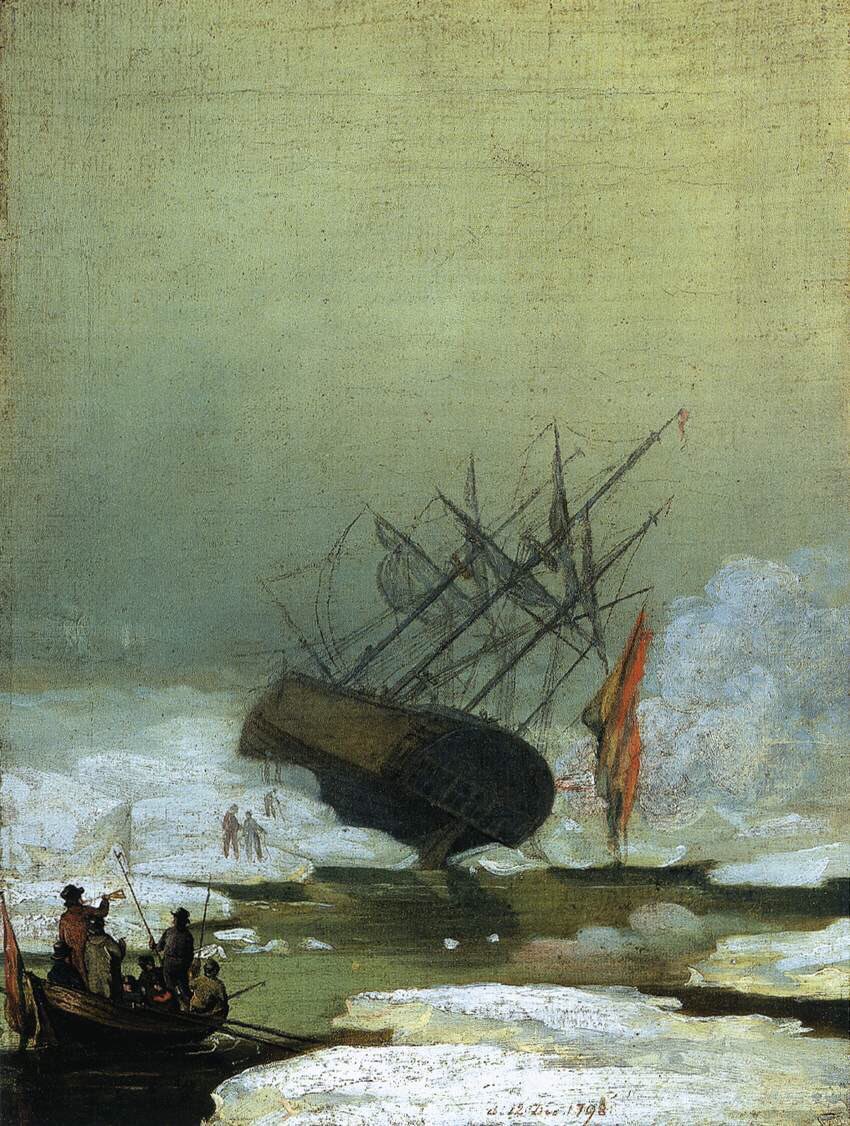 Born in Greifswald, he trained in Copenhagen & settled in Dresden (1798). A seminal moment for him was watching a brother drown under ice. Mood was paramount in his training as well as an effort to see God in the world. Ship wreck (1798), Kilde (1797) & Self-portrait (c1800)