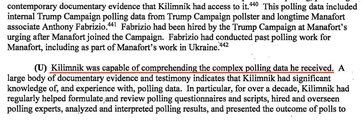 Russian intelligence officer Kilimnik with given sensitive polling data from Tony FABRIZIO, pollster for Bob Dole, , Rand Paul, David Perdue, Kentucky Gov. Matt Bevin.KILIMNIK WAS ABLE TO COMPREHEND THE POLLING DATA. Which suggests he was a specialist in it.