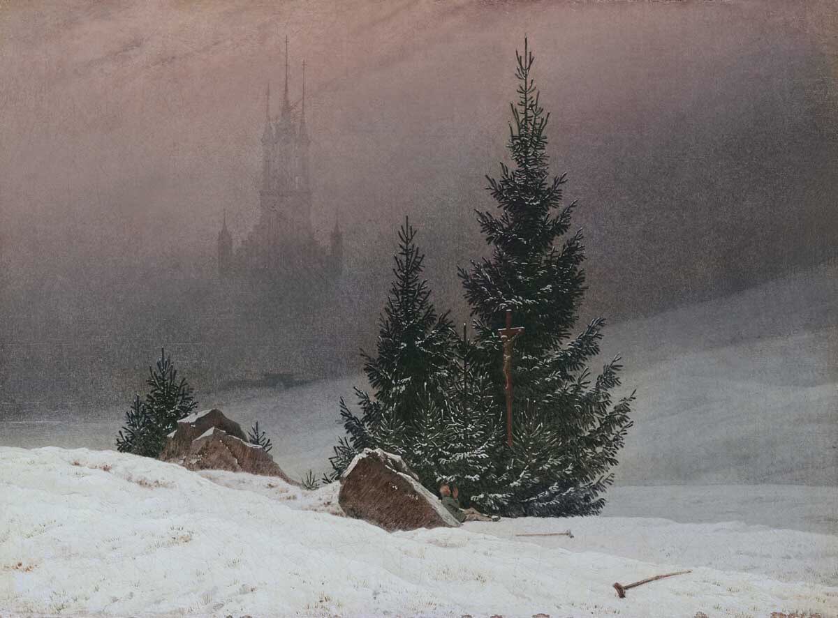 Friedrich sought to see God in nature & that to concentrate on the sublime in the landscape was to contemplate a higher power. Winter landscape (1811), Landscape with Church (1811) & Harbour (1815-16)