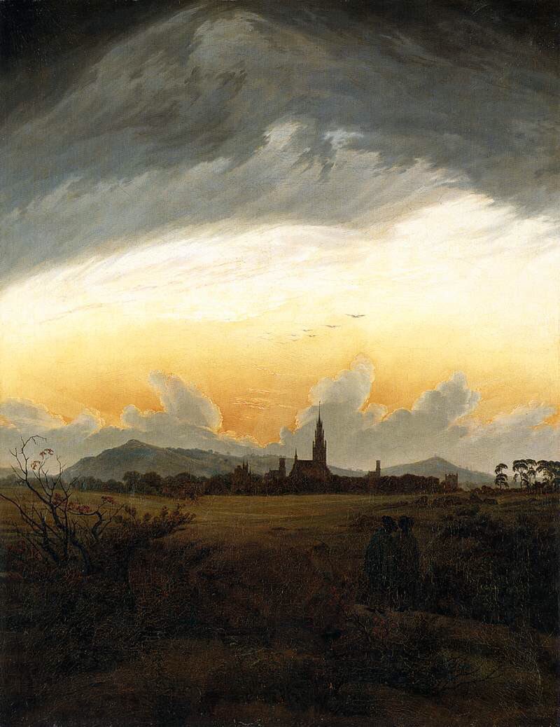 His landscapes are full of religious imagery, whether steeples, nets or spiritual lighting. City at Moonrise (1817), Neubrandenburg (1817) & Greifswald (1816-17)