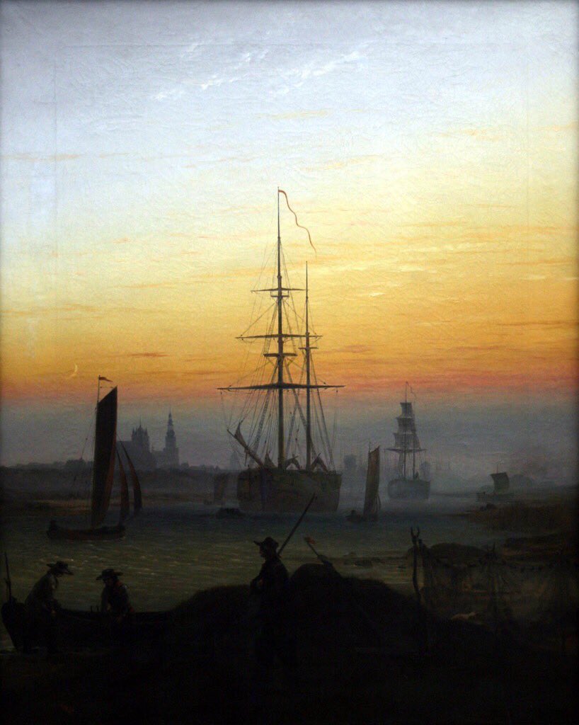 Friedrich included himself in his compositions, inviting the viewer to see the metaphysical landscape with himself as cypher. Wanderer (1817-18), Sailing Vessel (1818) & Greifswald Harbour (1818-20)