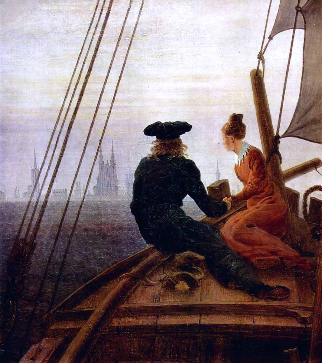 Friedrich included himself in his compositions, inviting the viewer to see the metaphysical landscape with himself as cypher. Wanderer (1817-18), Sailing Vessel (1818) & Greifswald Harbour (1818-20)