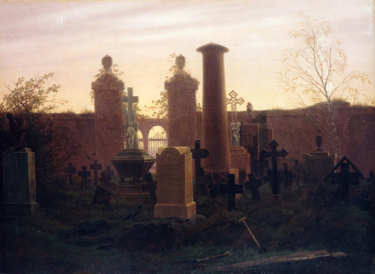 Kugelgens Grab (1821-2) shows his interest in the sobriety of death but emphasises the religious power of life with silhouetted crosses. The Evening (1820-1) & Moon Rising over the Sea (1821) are metaphysical ideas of the light of salvation