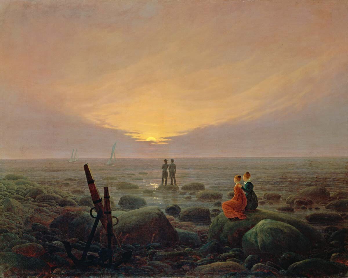 Kugelgens Grab (1821-2) shows his interest in the sobriety of death but emphasises the religious power of life with silhouetted crosses. The Evening (1820-1) & Moon Rising over the Sea (1821) are metaphysical ideas of the light of salvation